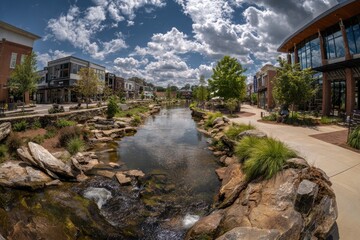 Fototapeta premium A sun-drenched, upscale outdoor shopping center features a tranquil creek flowing through a landscaped pathway between modern and traditional style buildings under a partly cloudy sky
