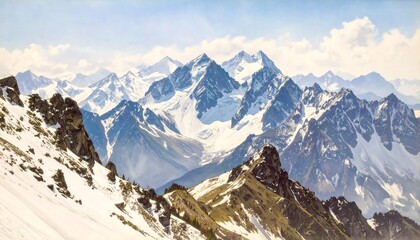 Fototapeta premium Panoramic mountain range, snow-capped peaks, and cloudy sky