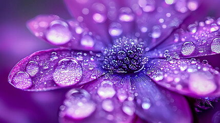 Close-up of a vibrant purple flower covered with glistening water droplets, showcasing intricate petal details and a textured center.