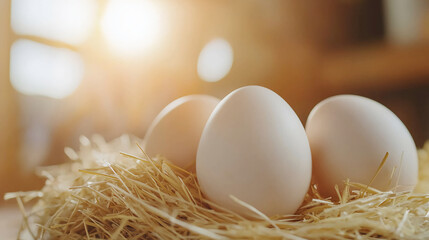 Three white eggs on straw nest with warm morning sunlight, close-up natural farm concept, organic food and rustic countryside background.
