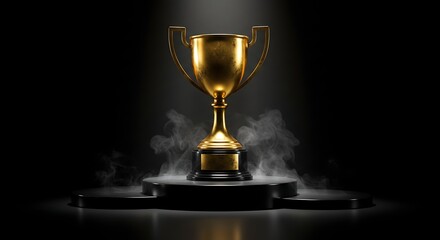 Golden trophy on a pedestal shining in the dark with ethereal smoke signifying victory and achievement with class