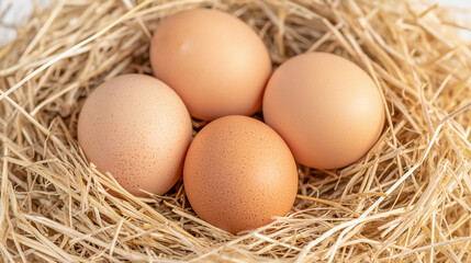 Four brown eggs nestled in straw, highlighting natural and fresh farm produce.