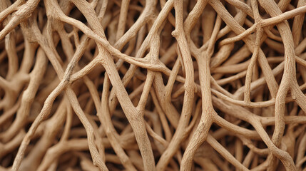 Close-up of a dense network of intertwined, dry, beige branches or roots forming an intricate natural pattern.