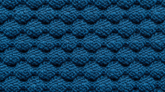 Close-up of a textured blue knitted fabric featuring a repeating bubble pattern with a rich, cozy appearance.