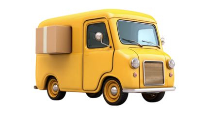 Yellow delivery vehicle icon in stylized cartoon 3D format. Isolated on transparent background 