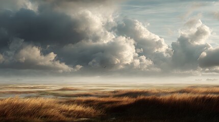 Obraz premium Dramatic Sky Over Vast Grassy Field - Moody Landscape, Nature Scenery, Open Plains