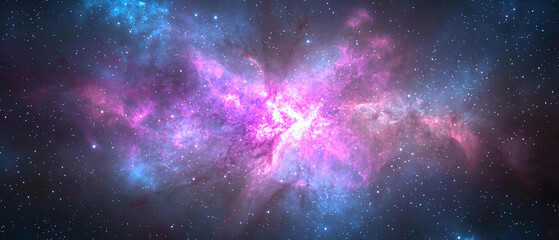 Fototapeta premium Vibrant pink and blue nebula with sparkling stars scattered across a vast cosmic space scene.