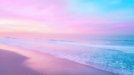 A serene beach scene at sunset with pastel pink and blue skies reflecting on gentle ocean waves and smooth sandy shore.