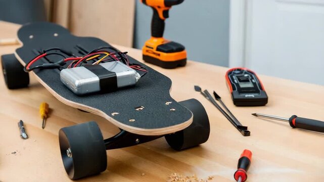 Electric skateboard assembly on a workbench with tools and battery pack setup