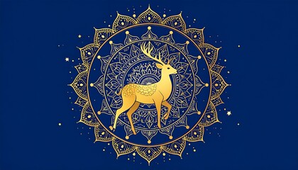 Gold deer in a mandala on a navy blue background