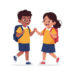 Obraz premium Children holding hands while walking together in school uniforms, white background, isolated, vector 