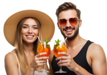 Cheers to Summer Fun: A radiant couple smiles as they clink glasses, holding refreshing beverages. They look so carefree in the warmth of a beautiful sunny day. 