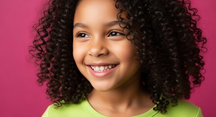 Smiling African American Girl with Curly Hair, Pink Background