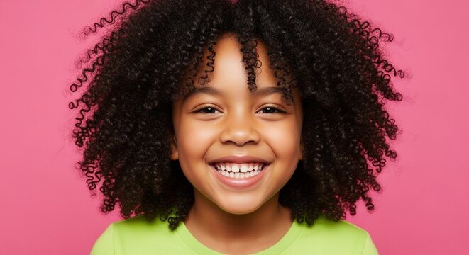 Smiling African American Girl with Curly Hair, Pink Background - Powered by Adobe