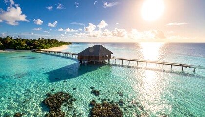 Overwater Bungalow Connected by Pier at Tropical Island on Bright Sunny Day
