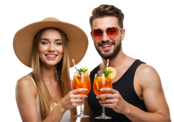 Cheerful Toasting: A radiant couple, basking in the sun, shares a refreshing drink, capturing the essence of joy and a perfect moment.