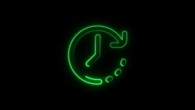 Neon Green Clock Icon Animation with Circular Arrow on Black Background Time Management Concept