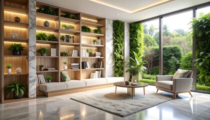 Living Room with Bookshelf and Vertical Garden Indoor