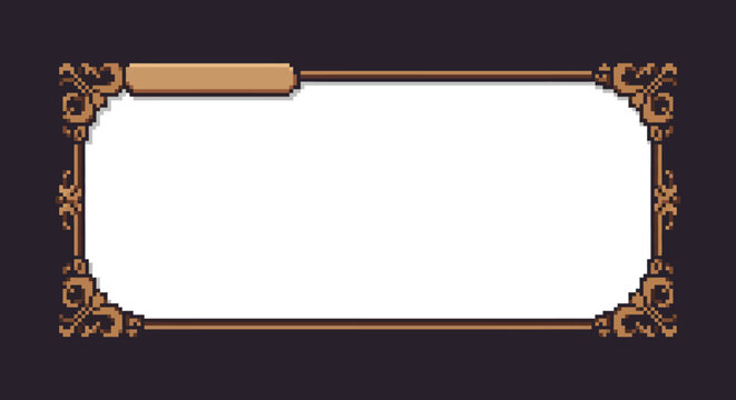 Elegant pixelated banner element with ornamental flourishes for interface design or game menus, adding a touch of sophistication and vintage charm.