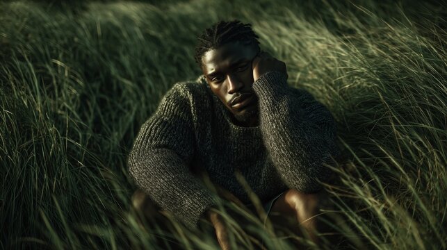 dark skinned man sitting in mossy grass with contemplative fashion pose