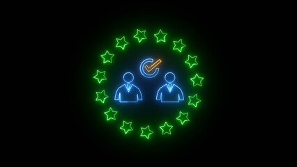 Neon Green Stars Encircle Blue Figures Representing Teamwork Approved Checkmark Symbol image