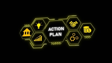 Yellow Hexagon Action Plan Graphic Business Strategy Icons Growth Finance Idea Teamwork Coins Bank Building Chart Gears