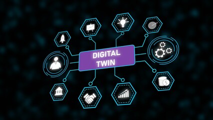 Digital Twin Network Graphic Purple Box White Icons Teal Connections Dark Background Business Technology Concept