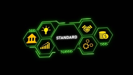 Green Neon Hexagon Standard Business Concept Graphic Yellow Icons Lightbulb Bank Handshake Coins Graph Gears