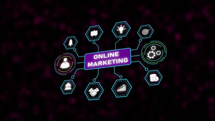 Online Marketing Concept Diagram Purple Background White Icons Neon Blue Connections Hexagons Business Strategy Growth