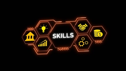 Orange Hexagon Skills Graphic Yellow Icons Dark Background Business Concept image