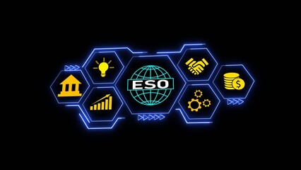 Blue Neon Hexagon Network Graphic Showing E S O Global Business Concept with Icons of Bank Building Lightbulb Handshake Coins Graph Gears