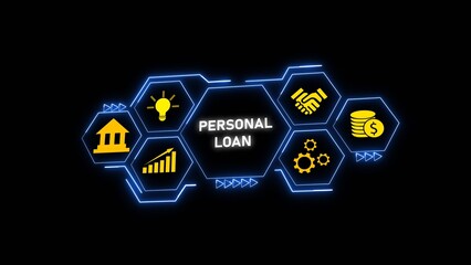 Personal Loan Concept Graphic Blue Neon Hexagons Yellow Icons Bank Building Graph Coins Handshake Lightbulb Gears Finance Technology