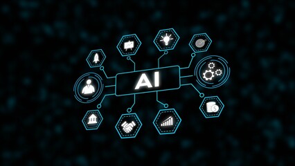 Teal AI Network Graphic White Icons Dark Background Hexagons Business Technology Concept artificial