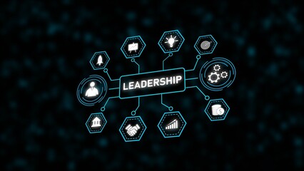 Teal Cyan Leadership Concept Network Diagram White Icons Dark Background Hexagons Circles Business Strategy Growth Success Teamwork