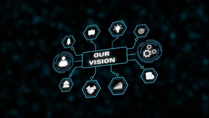 Teal Cyan Business Vision Network Diagram White Icons Dark Background Hexagons Circles image