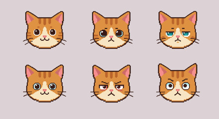 Expressive Cat Emoticons Animated Pet Faces in Pixel Art, A Variety of Cute Emotions and Creative Digital Design