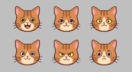 Collection of cute ginger cat head avatars showing different facial expressions. Set of cartoon cat emoticons for chat and design.