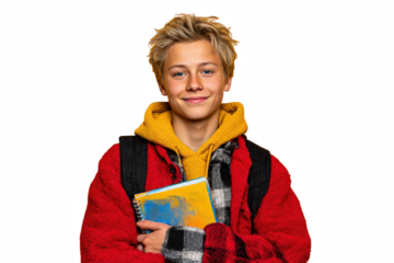 Smiling blonde student holding a notebook wearing red jacket and yellow hoodie, posing on transparent background