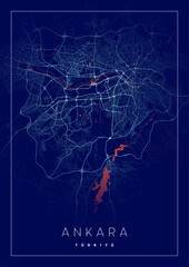 Ankara city map vector illustration with blue lines and red water areas