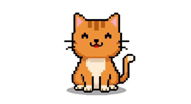 Cute pixel art ginger cat character smiling. 8-bit retro video game style feline mascot isolated on white background.