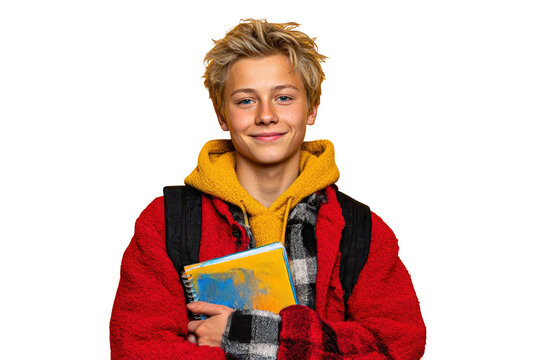 Smiling blonde student holding a notebook wearing red jacket and yellow hoodie, posing on transparent background