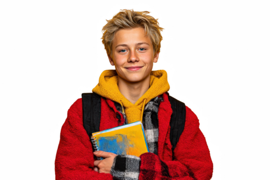 Smiling blonde student holding a notebook wearing red jacket and yellow hoodie, posing on transparent background