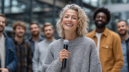 Confident female speaker engaging with team during office team-building session in bright modern workplace with natural daylight
