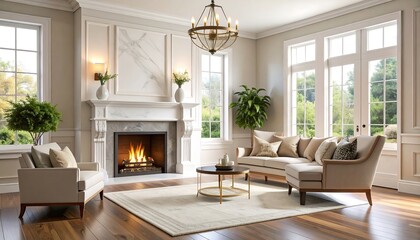 Fototapeta premium Living Room with Fireplace Interior Design and Natural Light