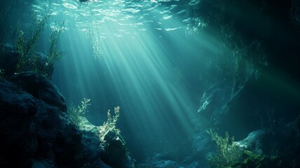Sunlit coral reef underwater scene. AI image