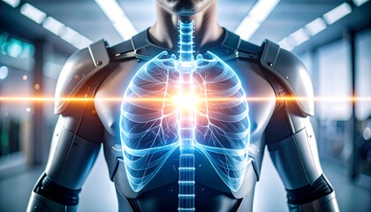 Person Showing Chest X-ray with Glowing Light and Futuristic Armor