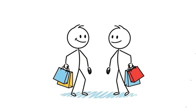 Cartoon stick figures enjoying shopping, celebrating with high five and carrying shopping bags