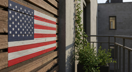American flag decor on wooden wall with greenery on balcony  