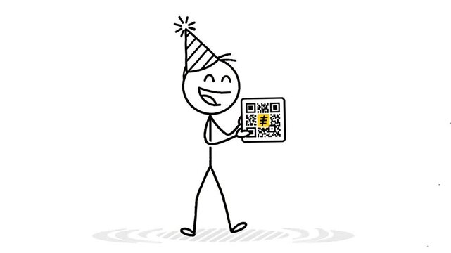 Celebrating Birthday Stick Figure Holding QR Code Gift with Party Hat Animation