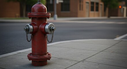 Old red fire hydrant on city street curb with weathered texture